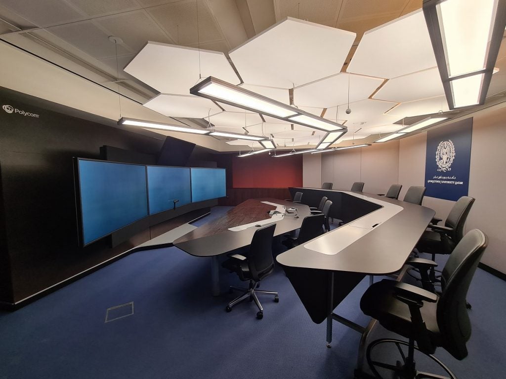 Desks and chairs in the RPX (RealPresence Immersive Studio Flex) classroom