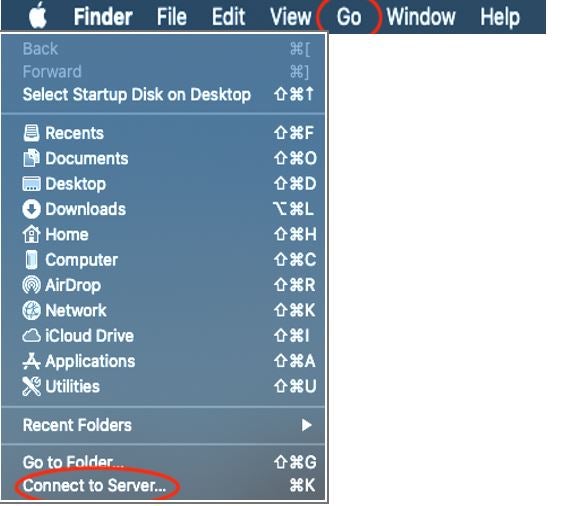 Image highlighting the 'Connect to Server' option in Finder