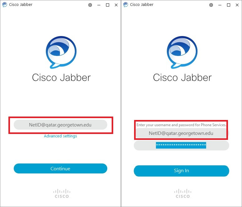 Image highlighting the location on the Cisco Jabber app to enter the username and the specific format that it should be entered