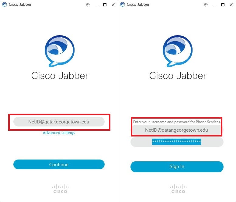 Image highlighting the location on the Cisco Jabber app to enter the username and the specific format that it should be entered