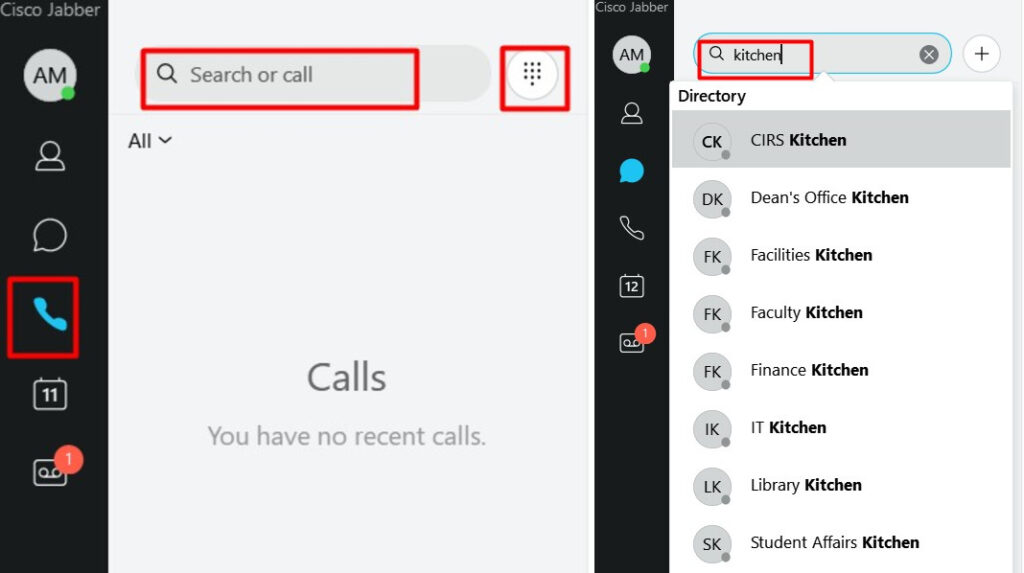 Image highlighting the location in the Cisco Jabber app to search for other users to call