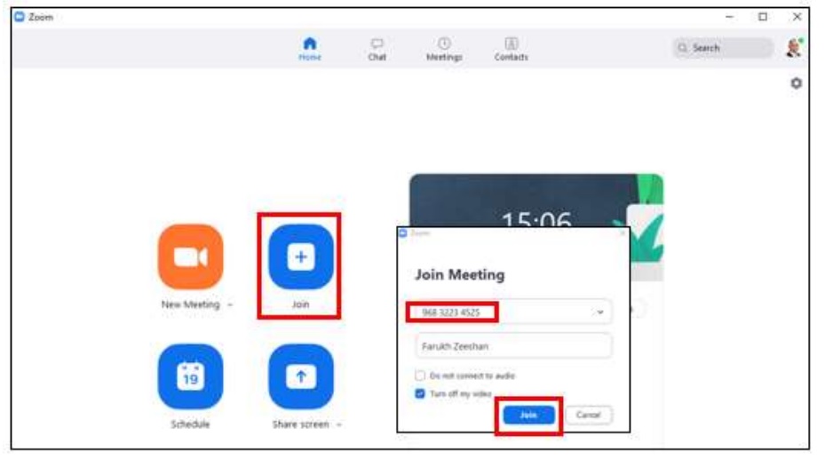 Image highlighting the way to join a Zoom meeting by entering the Zoom ID in the Zoom application
